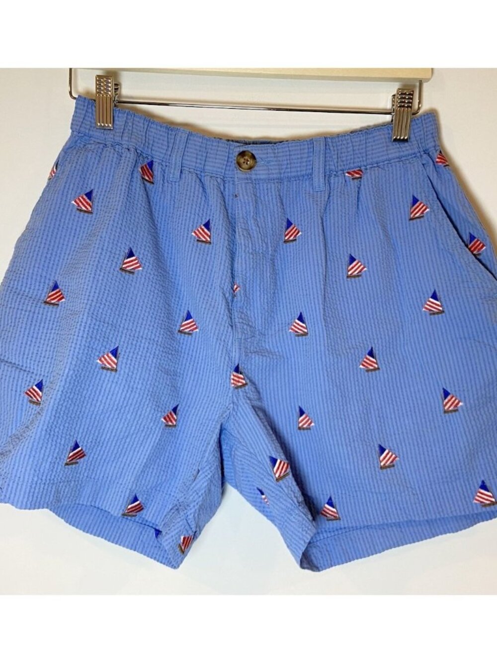 Men's Chubbies Shorts Seersucker Blue Red Sailboats Patriotic Nautical L